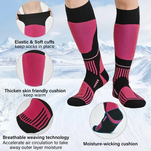 Vista 5 de COOPLUS 2 pares de calcetines de esquí para hombres y mujeres, calcetines de compresión hasta la rodilla para esquí, snowboard, senderismo, deportes