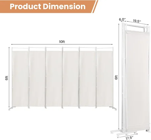 Vista 7 de Nightcore Divisor de habitación de 6 pies, divisor de pared plegable de 6 paneles, partición independiente con almohadillas ajustables