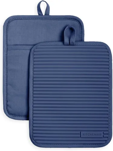 Vista 5 de KitchenAid - Juego de 2 agarraderas de silicona suave y acanalada, impermeables, terciopelo azul
