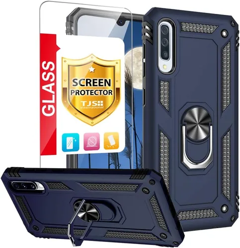 Vista 13 de TJS Funda compatible con Samsung Galaxy A50 2019, con protector de pantalla de vidrio templado, anillo de metal, soporte magnético, resistente Negro