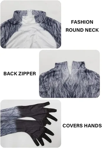 Vista 151 de Disfraz de animal para hombre con estampado de cola grande, overol peludo de elastano para cosplay, fiesta de Halloween