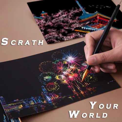 Vista 7 de Postales artísticas de pintura de arco iris, arte para rascar y bosquejar para niños y adultos, pintura para raspar, regalo creativo, grabado