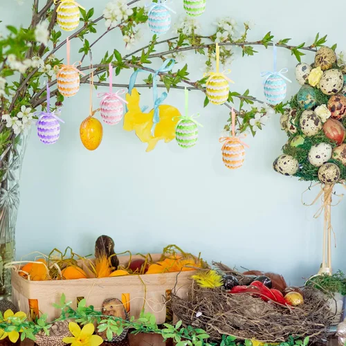 Vista 7 de 30 huevos de lentejuelas colgantes de Pascua, adornos de huevos de Pascua de 1.6 pulgadas con lazo, adornos de árbol de huevo colgantes de primavera