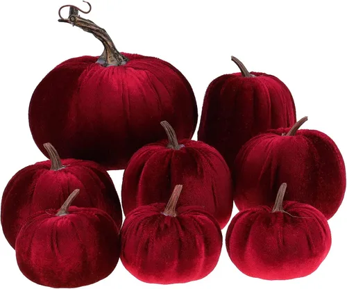 Vista 10 de Gresorth 8 calabazas artificiales de terciopelo champán hechas a mano de varios tamaños, decoración de Halloween para el hogar, cocina, granja