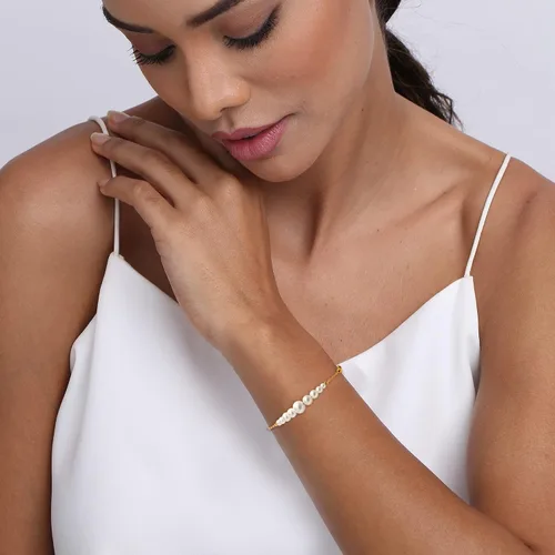 Vista 2 de LeCalla Flaunt Pulsera bolo deslizante de plata de ley 925, con perlas de imitación, dos hebras elásticas para mujer, Plata de ley, Perla