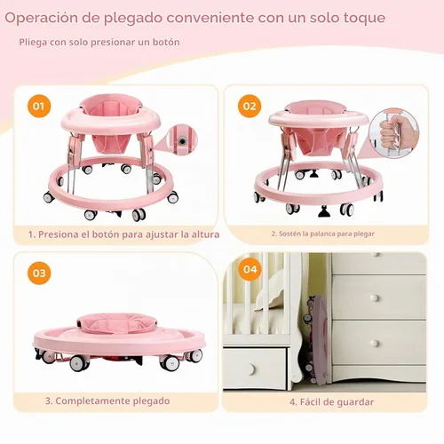 Vista 4 de Andador para bebés con ruedas, plegado de un solo toque, ajuste de altura Color rosa.