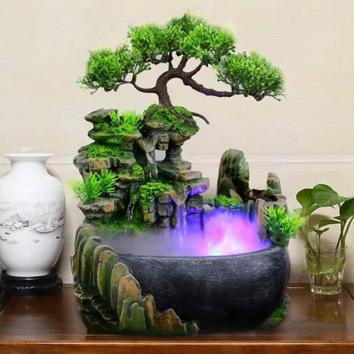 Vista 4 de Fuente de escritorio de relajación para interiores, cascada de meditación zen con bomba automática, cascada iluminada para decoración de escritorio