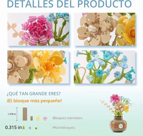 Vista 3 de Juego de bloques de construcción de rosas con florero, ladrillos Kit de modelo, adorno de bonsái en maceta para decoración del hogar, regalo