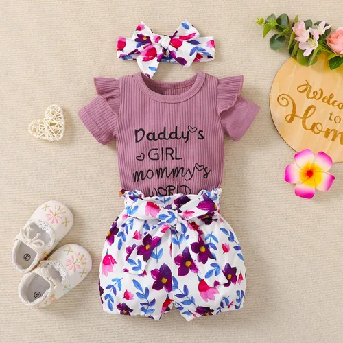 Vista 7 de puseky Conjunto de ropa de bebé para niñas de 0 a 24 meses con letras + pantalones cortos florales + diadema para bebé