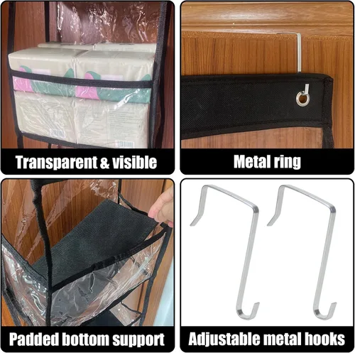 Vista 3 de Organizador de despensa de 5 estantes con bolsillos transparentes, almacenamiento colgante resistente para armario, dormitorio, baño y guardería