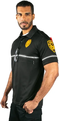 Vista 2 de First Class Camiseta polo con insignia de seguridad y parche para bicicleta con bolsillo con cremallera y rayas reflectantes