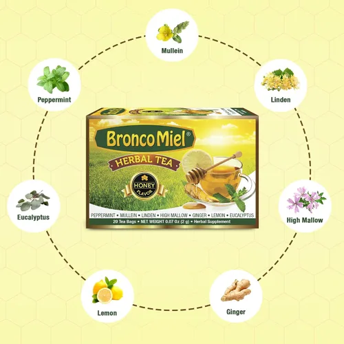Vista 8 de BRONCOMIEL Bolsas de té - Té de hierbas de miel para tos y dolor - Té de eucalipto, jengibre y limón - Sabor dulce a miel - Fácil de preparar