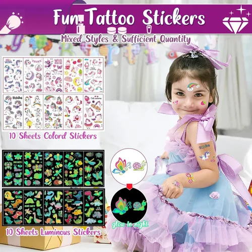 Vista 3 de TEUVO Kit de tatuaje con purpurina para niños con 25 colores, 225 plantillas, 6 bolígrafos, 2 hojas de diamantes de imitación, 5 pinceles, 3