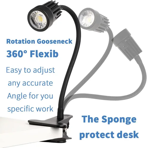 Vista 3 de Lámpara de escritorio con clip LED con abrazadera de 3 W, abrazadera de lámpara de noche de cuello de cisne flexible de 360°, iluminación