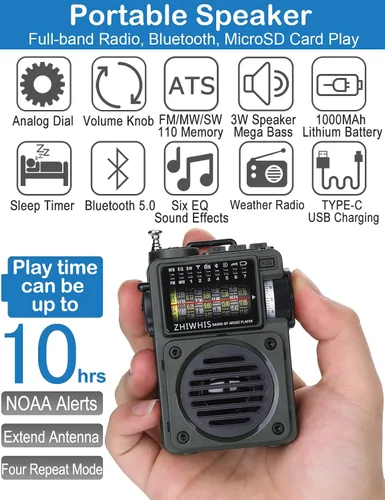 Vista 2 de ZHIWHIS Radio de onda corta con Bluetooth, radio portátil con temporizador de sueño, radios de onda corta Weather AM FM con el mejor sonido