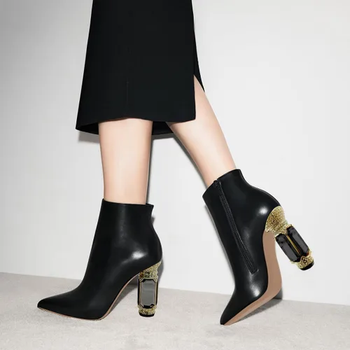 Vista 82 de FSJ Botas de tacón alto con punta puntiaguda para mujer, con tacón alto, con cremallera lateral brillante, estilo casual, para uso diario, zapatos