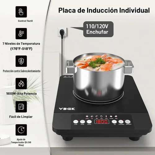 Vista 4 de VBGK Placa de Inducción de Quemador Único, Placa de Inducción Portátil de 1800 W, Placa Caliente de 110 V con Sensor LCD Táctil, 7 Niveles