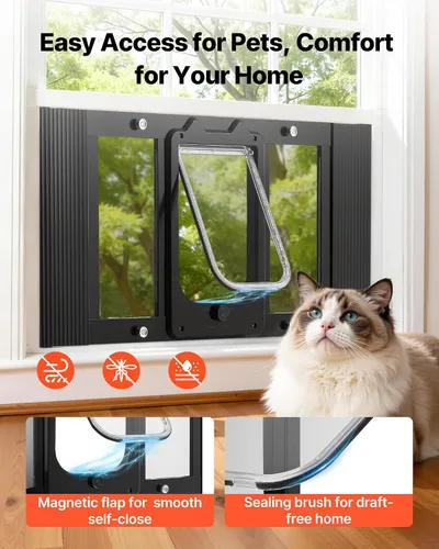 Vista 4 de VEVOR Puerta de gato para ventana, ajustable para adaptarse a un ancho de ventana de 27 a 32 pulgadas, 4 modos de bloqueo seguro, marco de aluminio