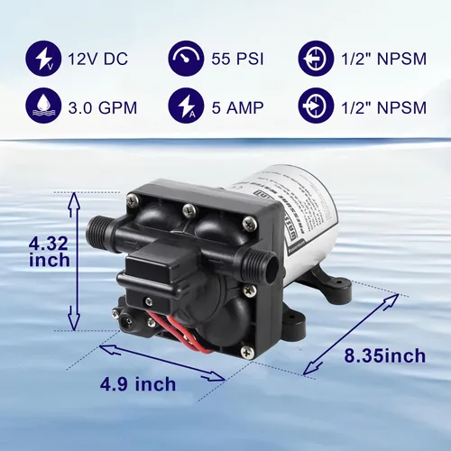 Vista 2 de WASSERMANN RV Water Pump 12 Volt DC 3.0GPM 55PSI Replacement For 4008-101-A65 Water Pump Self Priming Diaphragm Pump with Pressure Switch for RV