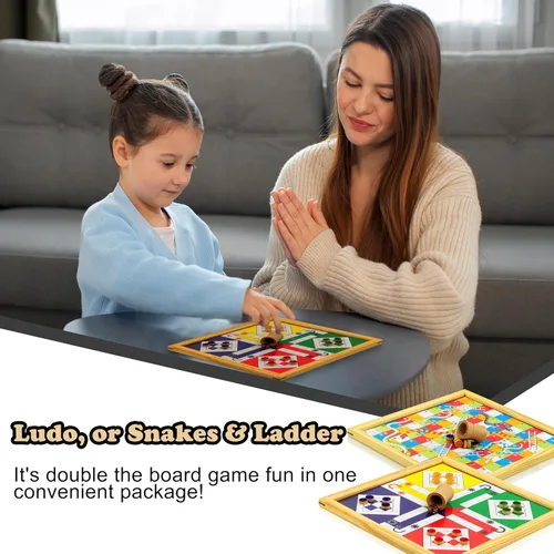 Vista 5 de Madera de pino hecha a mano hecha a mano 2 en 1 Ludo serpientes magnéticas y escaleras juego de mesa de viaje completo para adultos y familia