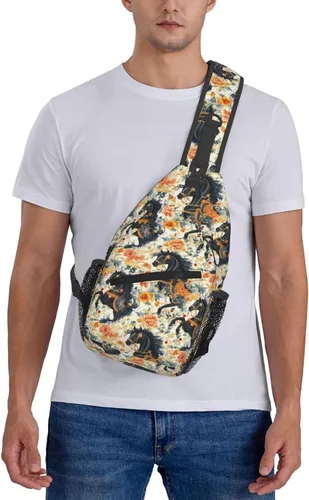Vista 7 de Small Crossbody Bags for Women Men - Vintage Flower Black Horse Print Adjustable Shoulder Bag Fanny Packs Belt Sling Bag Crossbody Purses Backpack