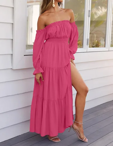 Vista 7 de ZESICA - Vestido largo, bohemio y sexy, con hombros descubiertos y manga larga fruncida, con elástico fruncido, cintura alta y abertura lateral
