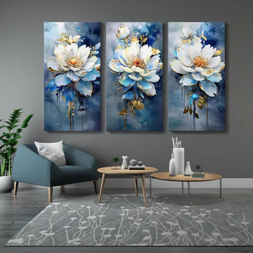 Vista 14 de AJAZIKO Arte de pared abstracto de flores, arte de pared floral, pinturas modernas para decoraciones de pared, decoración de pared familiar azul