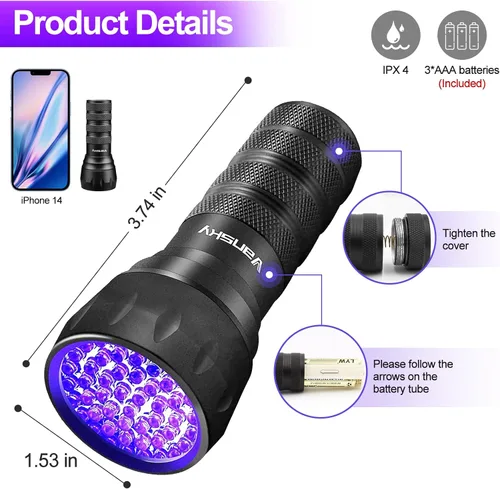Vista 8 de Linterna de luz ultravioleta de luz negra, 21 LED de 395 nm, mini detector de orina de mascotas para perros y gatos, manchas secas, curado