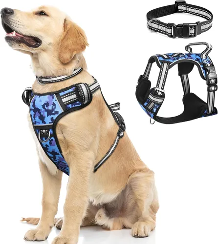 Vista 20 de Arnés para perro sin tirones, arneses para mascotas con collar, chaleco Oxford reflectante y ajustable, hebillas delanteras y traseras para correa