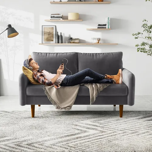 Vista 7 de Sofá de terciopelo de 58 pulgadas, cómodo sofá biplaza de 2 plazas para apartamento de sala de estar compacto, sofá pequeño moderno con respaldo Gris