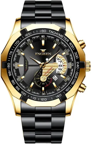 Vista 7 de Paquete de 4 relojes de acero inoxidable para hombre, impermeable, fecha, luminoso, esfera grande, oro, plata, negro, azul, vestido de negocios