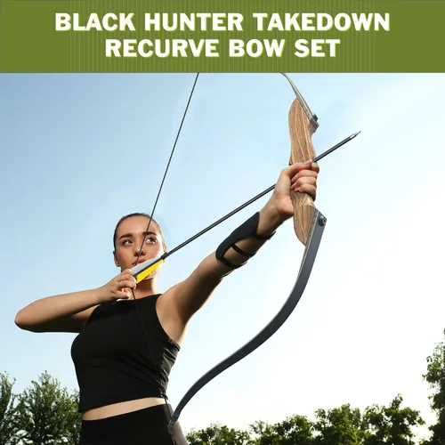 Vista 2 de Juego de Arco Recurvo y Flecha Black Hunter, Paquete de Arcos Recurvos Desmontables de Madera GLURAK de 60'', Kit de Tiro con Arco para Práctica