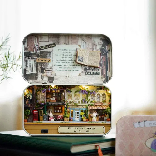 Vista 9 de Kit de casa de muñecas en miniatura con luces LED, caja de teatro, juego de construcción de modelos de arquitectura, tema de calle feliz