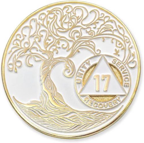 Vista 138 de 1 año Sobriety Mint Twisted Tree of Life Medallón de recuperación AA chapado en oro, chip/ficha - negro