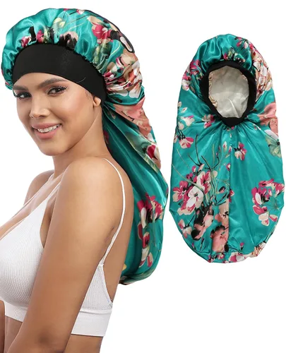 Vista 11 de AWAYTR Gorro largo de satén para mujer, gorro de seda de 2 capas para trenzas, gorro de dormir elástico con gorro de noche de banda ancha (negro)