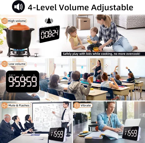 Vista 4 de Temporizador Digital Recargable de Cocina para Cocinar, Temporizadores Magnéticos con Cuenta Regresiva/Progresiva, Temporizador para Niños