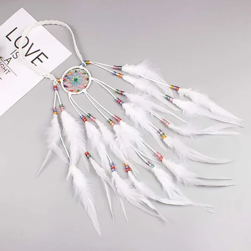 Vista 2 de Fodattm Diadema bohemia hecha a mano con plumas atrapasueños tocado tocado hippie estilo indio diadema (blanco)