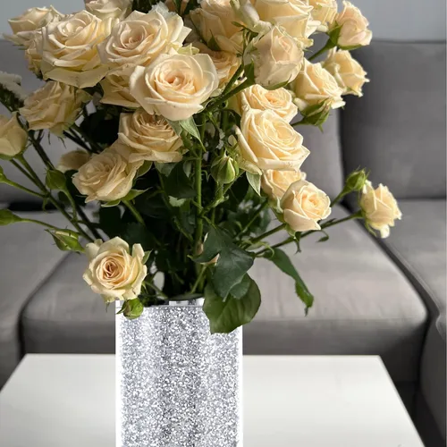 Vista 3 de Jarrón de cristal de cristal, 10 pulgadas de alto, lujoso jarrón de flores grandes de diamante triturado plateado, para decoración del hogar, sala