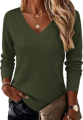Vista 13 de Ekouaer Suéter de punto trenzado con cuello en V para mujer, manga larga Negro