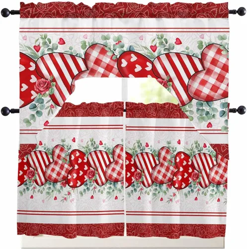 Vista 9 de Cortinas de Gnomos de San Valentín con Cenefa para Cocina, Cortinas con Bolsillo para Barra para Dormitorio, Sala de Estar, Baño, Cafetería, Negro
