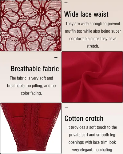 Vista 4 de Women's High Waisted Retro Lace Thong Panties Seamless Plus Size Cotton Underwear