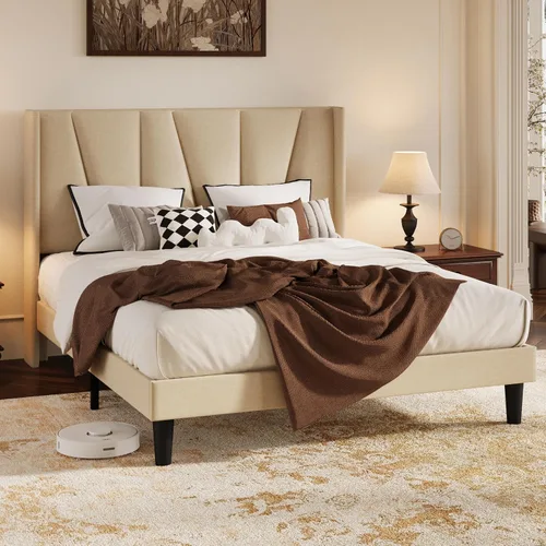 Vista 3 de HOOMIC Marco de cama tapizado completo con cabecero, color beige Beige claro
