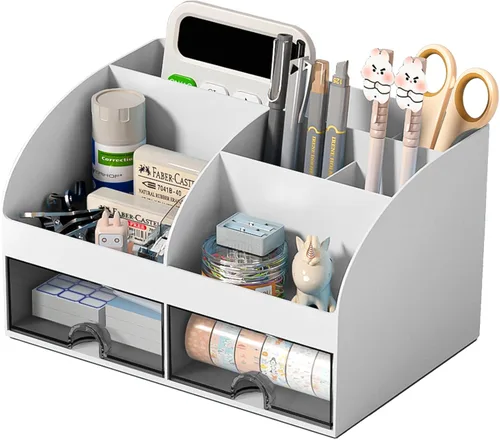 Vista 8 de Organizador de escritorio con 6 compartimentos y 2 cajones, organizador de maquillaje de plástico, soporte para bolígrafos para almacenamiento
