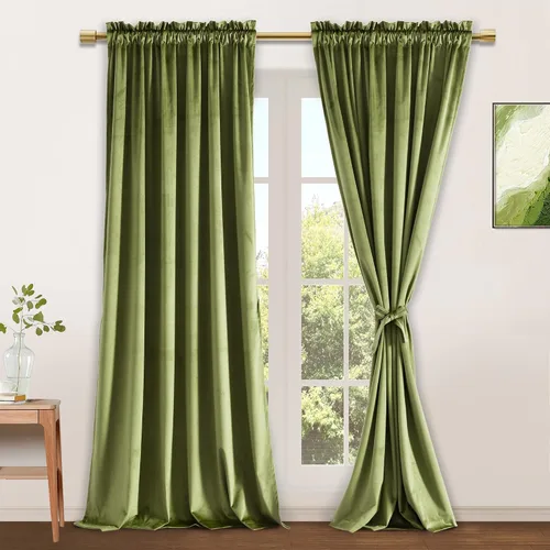 Vista 63 de JIUZHEN Cortinas de terciopelo beige de 63 pulgadas de ancho x 63 pulgadas de largo, cortinas de terciopelo retro suaves con bolsillo para barra
