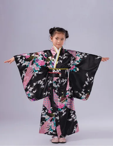 Vista 5 de Vestido kimono japonés para niñas, disfraz de anime, cosplay, Halloween, bata elegante Negro