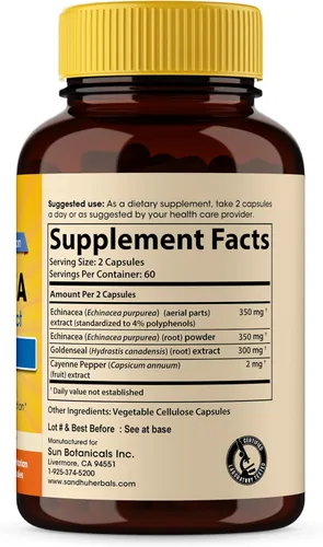 Vista 2 de SANDHUHERBALS Echinacea Goldenseal 1000 mg 120 cápsulas Apoyo del sistema inmunológico Respuesta respiratoria Suplemento de respuesta inflamatoria