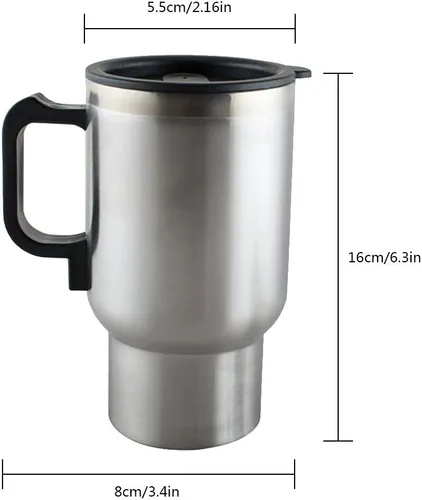 Vista 2 de Taza eléctrica para coche de 12V, taza con calefacción para automóvil, 450ml de acero inoxidable, taza eléctrica de viaje para café de 14oz. Taza