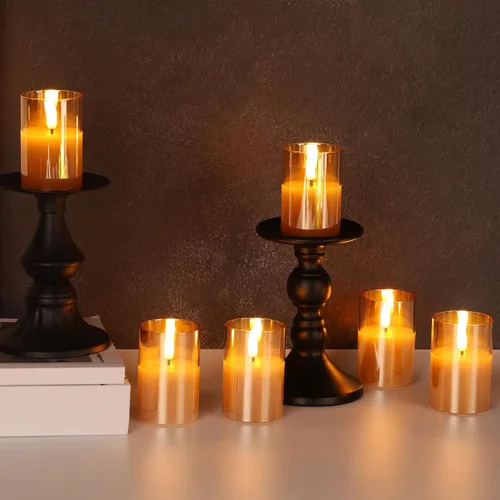 Vista 8 de Velas votivas sin llama de vidrio dorado con control remoto y temporizador, juego de 6 velas LED parpadeantes de cera real, pilar pequeño