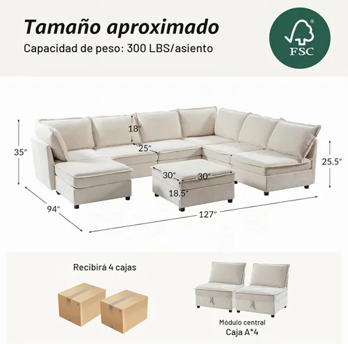 Vista 2 de HULALA HOME Sofá seccional modular, sofá grande en forma de U de 8 asientos con otomano de almacenamiento, sofá cómodo de chenilla con asiento