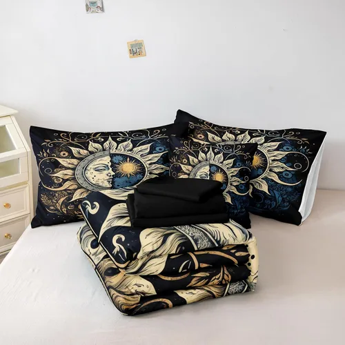 Vista 7 de Juego de edredón de sol y luna negro, juego de ropa de cama boho, ropa de cama de galaxia celestial y espacio estrellado, edredón mandala exótico